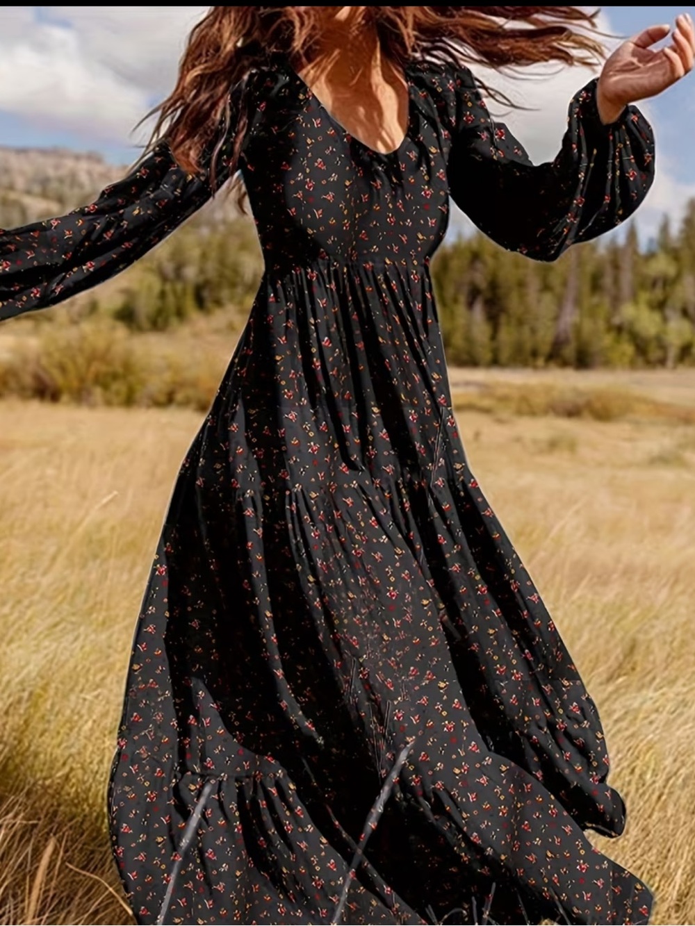 Black Floral Long Sleeve Maxi Dress - Elegant Women's Dress